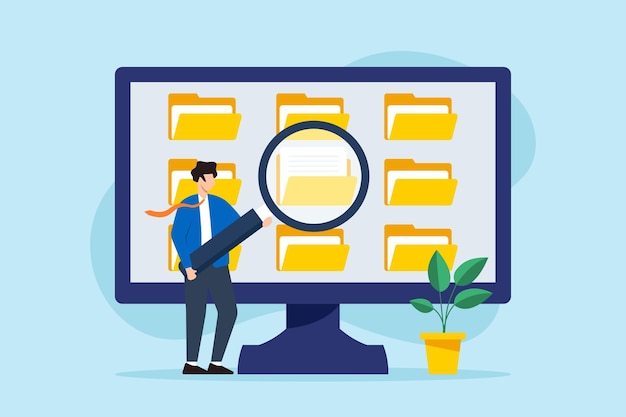 Illustration plate d'un homme d'affaires utilisant une loupe pour rechercher un fichier sur l'écran de l'ordinateur gestion des archives de documents