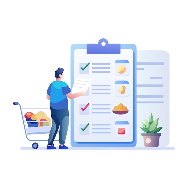 Une illustration plate d'un homme vérifiant les articles sur une liste d'épicerie