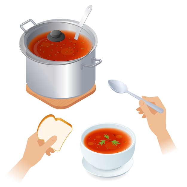 Illustration Plate Isométrique De Casserole Avec Soupe à La Tomate, Bol, Cuillère.