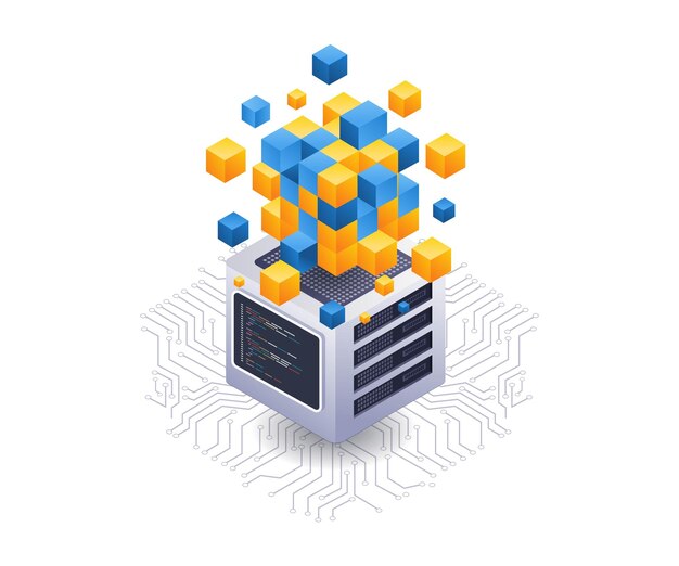 Illustration plate isométrique de la technologie du serveur blockchain