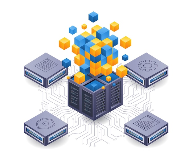 Illustration plate isométrique de la technologie de serveur de réseau blockchain