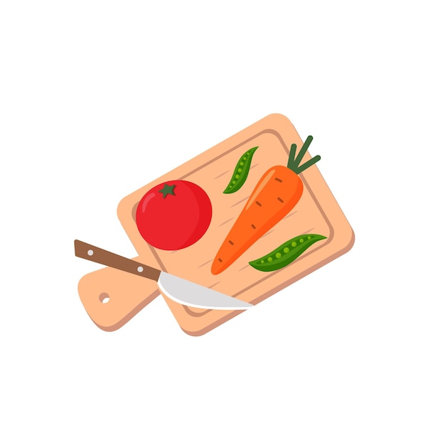 Vecteur illustration plate de légumes frais sur une planche à découpervecteur tomate carotte pois verts couteau