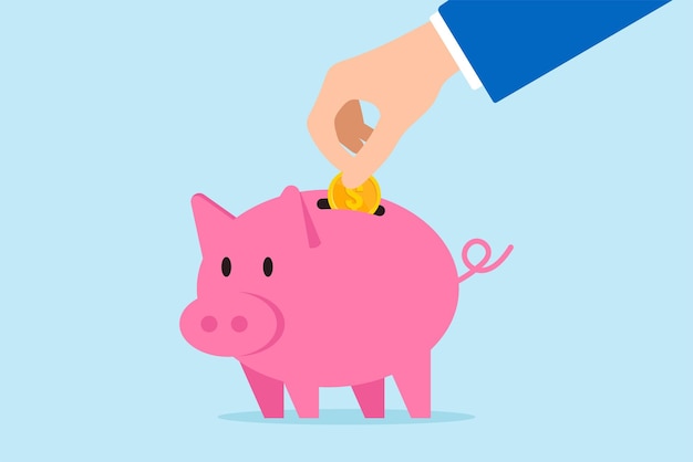 Illustration plate de la main laissant tomber une pièce dans la cochonne d'investissement acte d'épargne et de richesse