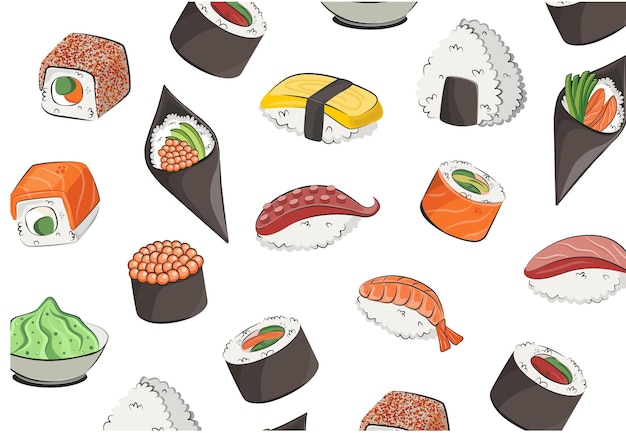 Illustration plate de modèle de vecteur de nourriture de cuisine apanaise isolée sur fond blanc rouleaux de sushi sauce soja onigiri ensemble image de stock de modèle sans couture pour la livraison de menus et d'affiches de restaurant