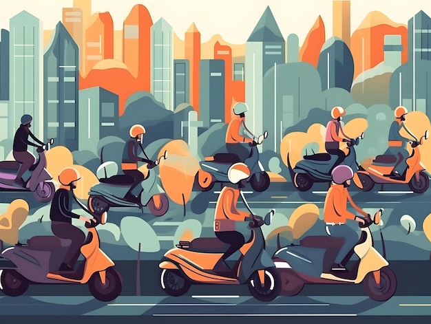 Vecteur illustration plate personnes conduisant des motos avec des routes de casques