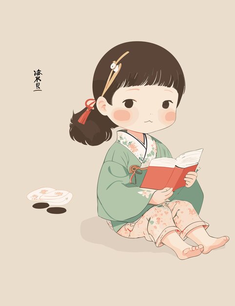 Vecteur une illustration plate d'une petite fille étudie la langue japonaise avec la typographie japonaise kanji