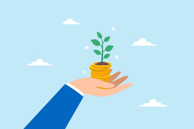 Illustration plate d'une pile de pièces à la main qui cultive des investissements en plantes et qui nourrit le potentiel de l'aspect