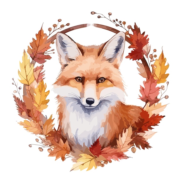 Illustration Plate Pour L'automne Renard Aquarelle Animal De Dessin Animé