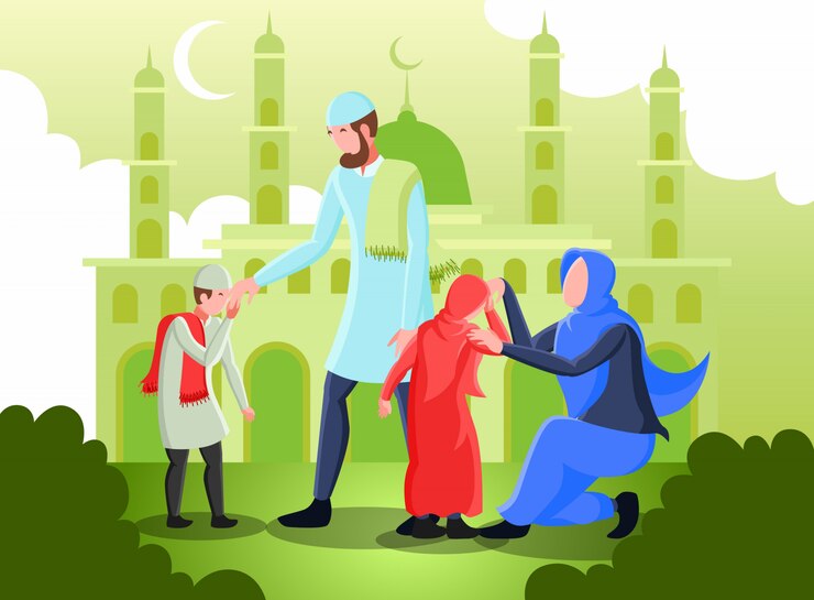Illustration plate représentant un parents musulmans serrant la main de leurs enfants pour le pardon le jour de l'Aïd Moubarak