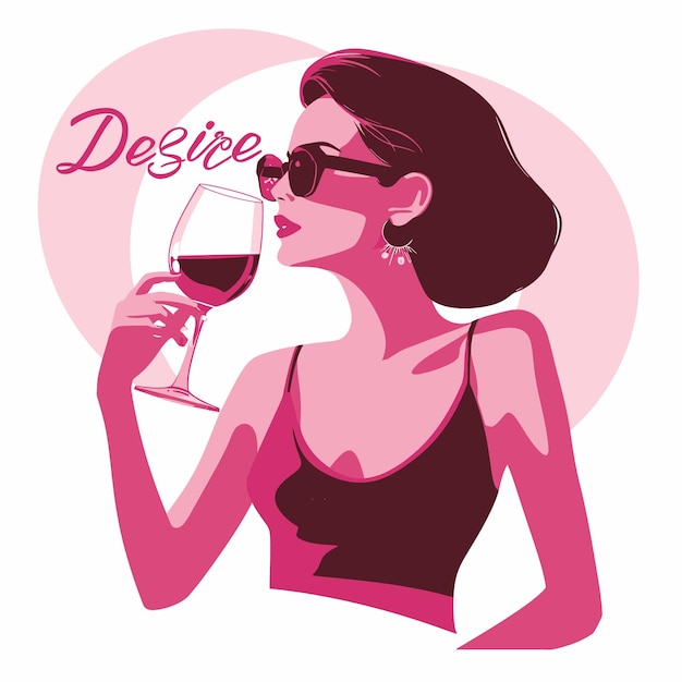 Vecteur illustration plate en rose d'une femme buvant du vin désir chic