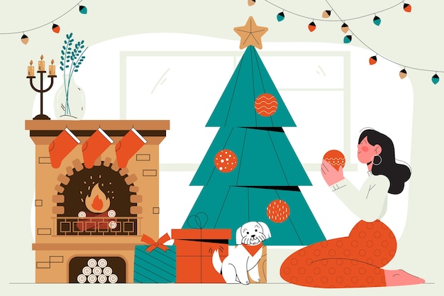 Illustration plate de la saison de Noël avec une femme ouvrant des cadeaux