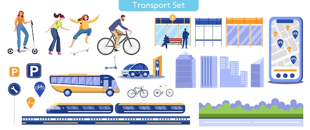 Vecteur illustration plate de transport de la ville. différents transports publics