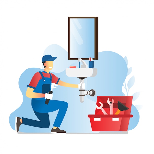 illustration de plombier travailleur répare ou installe bricoleur wastafel fait des travaux de réparation de maison