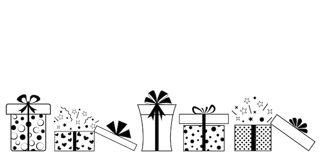 Illustration Avec Plusieurs Coffrets Cadeaux Avec Des Arcs Et Différents Motifs Noirs Sur Fond Blanc