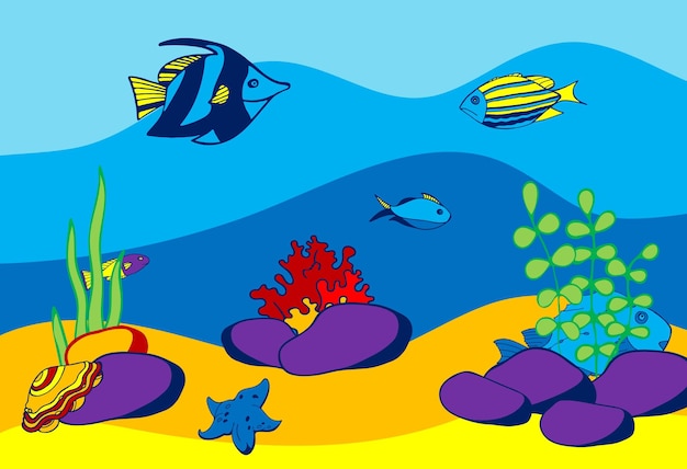 Vecteur illustration poisson dessiné main panorama monde sous marin