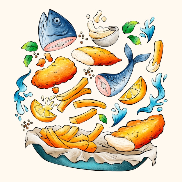 Vecteur illustration de poisson et frites dessinés à la main