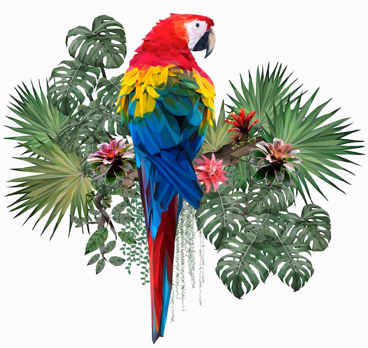 Vecteur illustration polygonale oiseau ara rouge avec des feuilles d'amazonie.