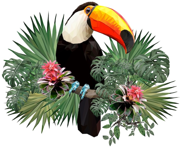 Vecteur illustration polygonale d'oiseaux toucan et plantes de la forêt amazonienne