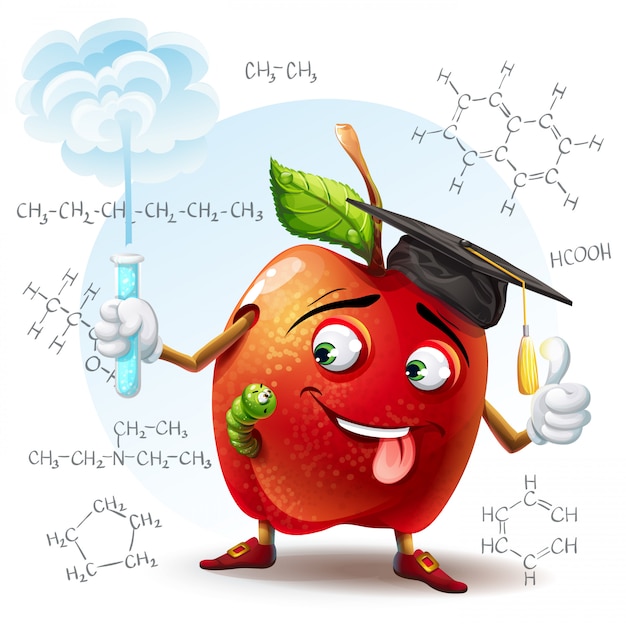 Illustration de la pomme d'écolier avec une substance nocive dans un tube à essai dans sa main et les formules chimiques en arrière-plan.