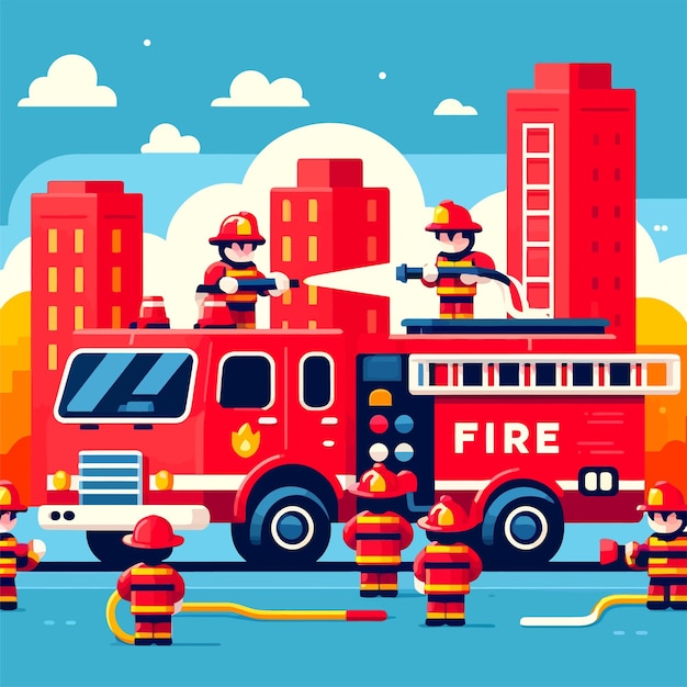 Vecteur illustration d'un pompier avec un camion d'incendie