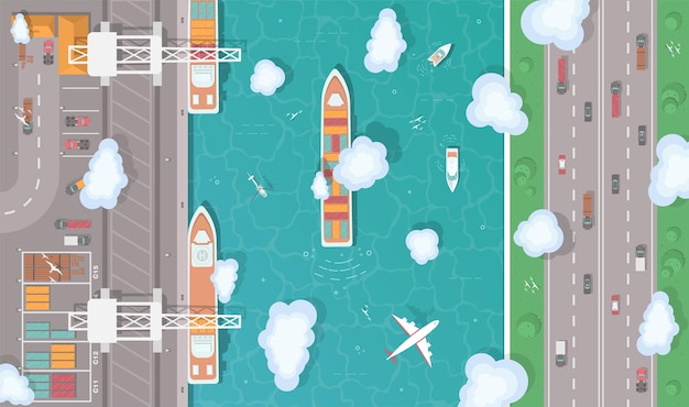 Illustration d'un port de fret en vue de dessus de style plat