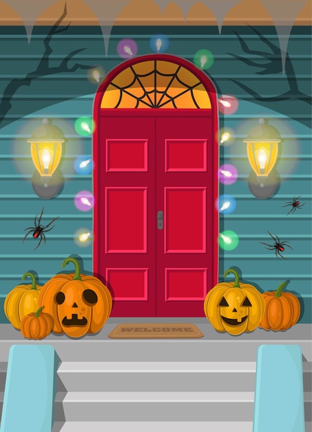 Vecteur illustration d & # 39; une porte d & # 39; halloween de nuit. décorations pour des vacances.