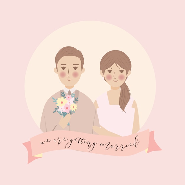 Vecteur illustration de portrait de couple de mariage mignon simple, faites gagner l'invitation de mariage de date avec fond rose