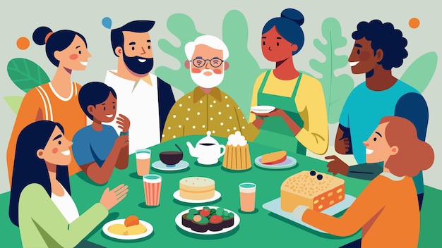 Vecteur une illustration d'un potluck communautaire avec un groupe diversifié de personnes appréciant la nourriture et la conversation