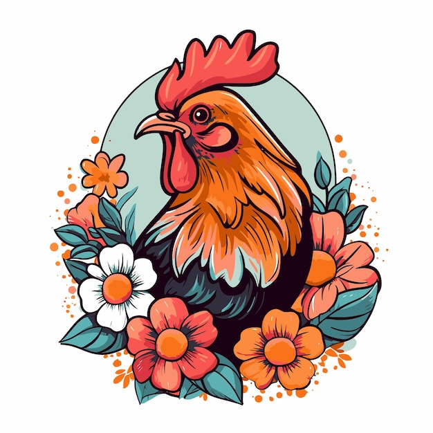 Vecteur illustration de poulets et de fleurs