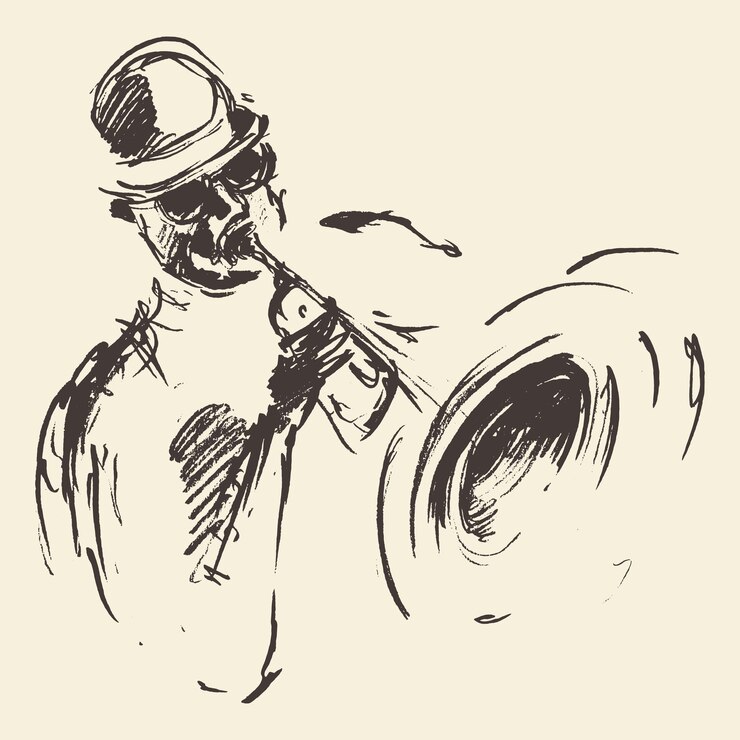 Vecteur illustration pour affiche de jazz. homme jouant de la trompette. croquis dessiné à la main vintage.