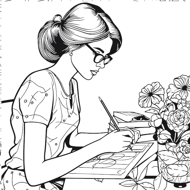 Illustration pour colorier le livre page femme étude