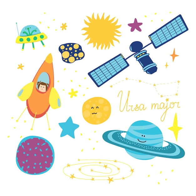 Illustration pour enfants avec des éléments spatiaux sur un astronaute de comète planètes étoiles fusée blanche