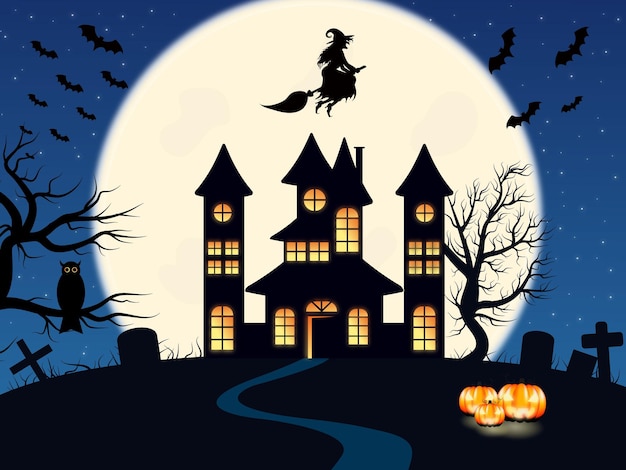 Illustration pour halloween Spooky Castle sur la montagne en arrière-plan