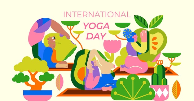 Vecteur illustration pour la journée internationale du yoga des femmes qui prennent soin de leur santé mentale et physique