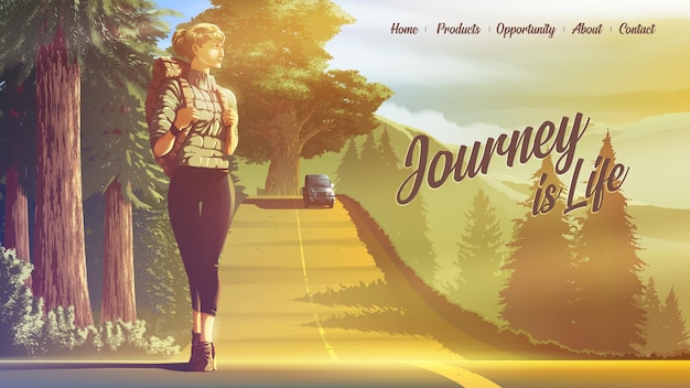 Illustration pour une page de destination de la femme routard voyage seule et marche sur la route