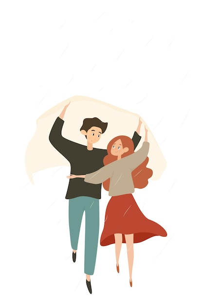 Illustration pour la Saint-Valentin Couple amoureux courant sous la pluie