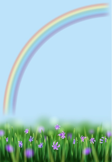 Illustration De Printemps Avec Arc-en-ciel, Pré Et Fleurs