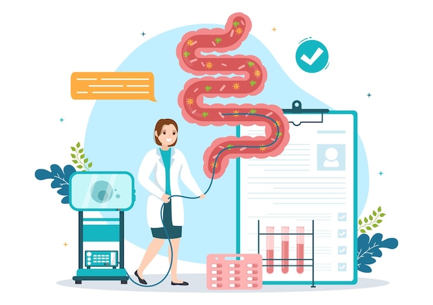 Vecteur illustration de proctologue ou de coloscopie avec un médecin examine le côlon dans des modèles dessinés à la main