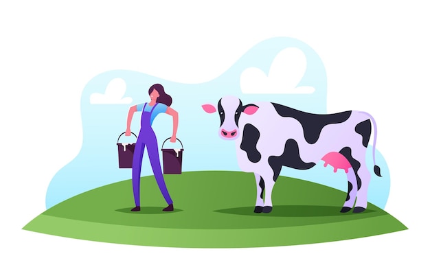 Illustration De La Profession De Laitier. Travail De Personnage Féminin à La Ferme. Laitière En Uniforme Transporter Des Seaux Après Avoir Traire La Vache Sur Le Terrain