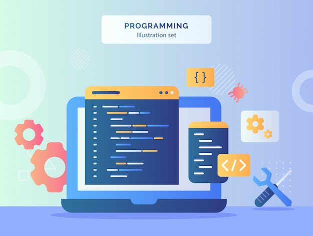 Illustration De Programmation Définie Programme De Langage De Codage Sur Fond D'écran D'ordinateur Portable De Moniteur De Bogue D'engrenage De Tournevis Clé De Symbole Mécanique Avec Style Plat.
