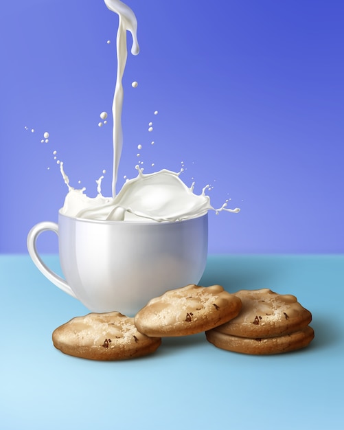 Illustration De Purée De Lait à Tasse Blanche Et Biscuits Aux Brisures Brunes Sur Fond Bleu