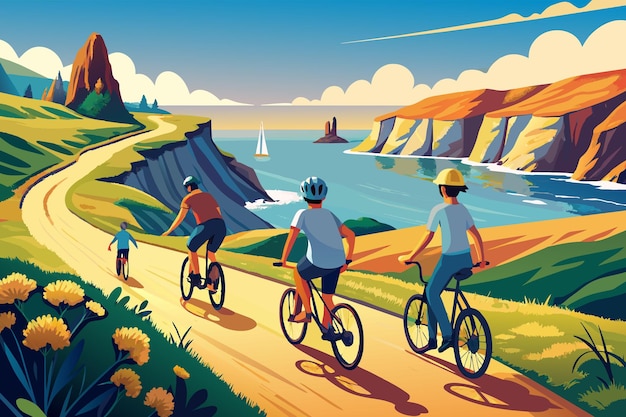 Vecteur illustration de quatre personnes à vélo le long d'un sentier côtier avec des falaises pittoresques et un océan bleu à l'arrière-plan baigné de la lumière du soleil