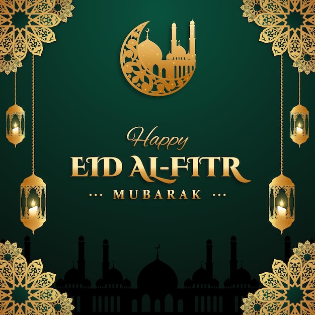 Vecteur illustration réaliste de l'eid al-fitr mubarak avec bougie et ornement arabe tridimensionnel