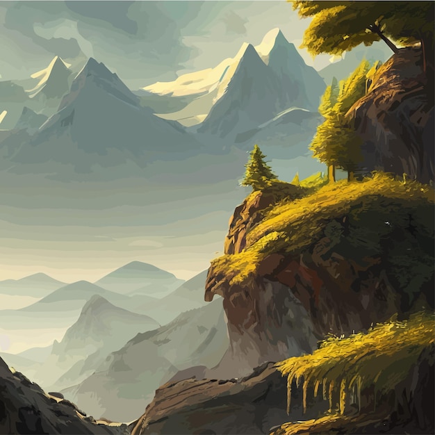 Vecteur illustration réaliste paysage de montagne avec une forêt de colline avec des conifères sous l'hiver bleu