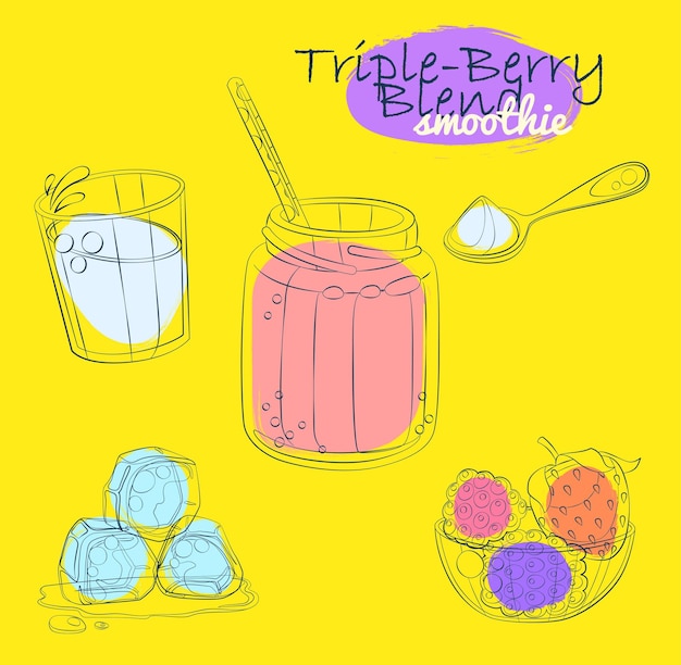 Illustration de recette de smoothie aux trois baies avec du lait de framboise aux fraises, des ingrédients de milkshake, des icônes vectorielles de dessin animé Illustration linéaire dessinée à la main sur fond jaune