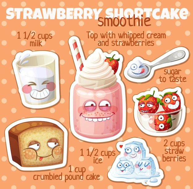 Illustration de recette de smoothie Shortcake aux fraises avec des personnages drôles Icônes vectorielles de dessin animé d'ingrédients de Milkshake