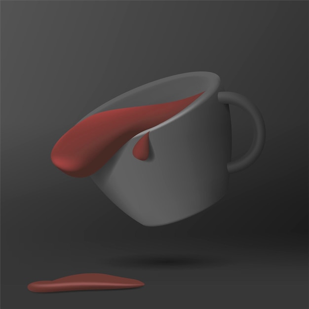 Vecteur illustration de rendu 3d d'une tasse de café avec du café renversant une composition conceptuelle de forme sombre