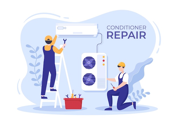 Vecteur illustration de réparation ou d'installation de climatiseur avec service de maintenance en cas de panne d'unité