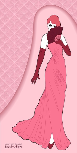 Vecteur illustration rétro de mode avec une femme en robe longue et des couleurs de rose fan