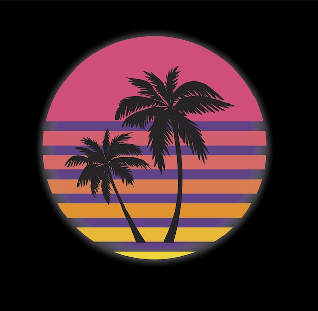Illustration rétro-ondes de palmiers contre l'icône de vecteur coucher de soleil violet des années 1980